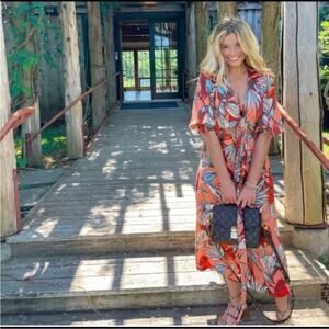 Nicholas Asilah floral linen long sleeve cutout tie midi dress 0